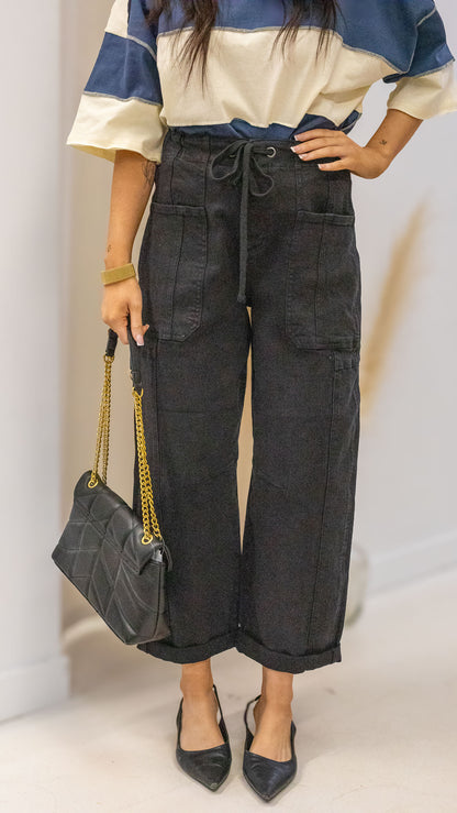 DEMI HIGH RISE CROP WIDE BARREL CARGO POCKET PANTS
