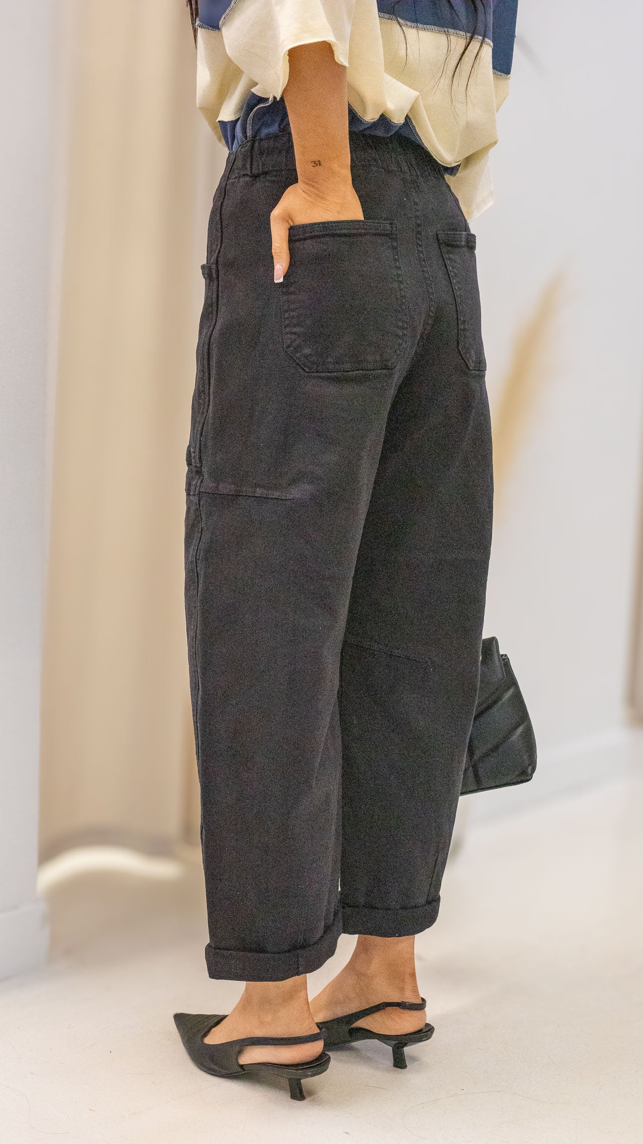 DEMI HIGH RISE CROP WIDE BARREL CARGO POCKET PANTS