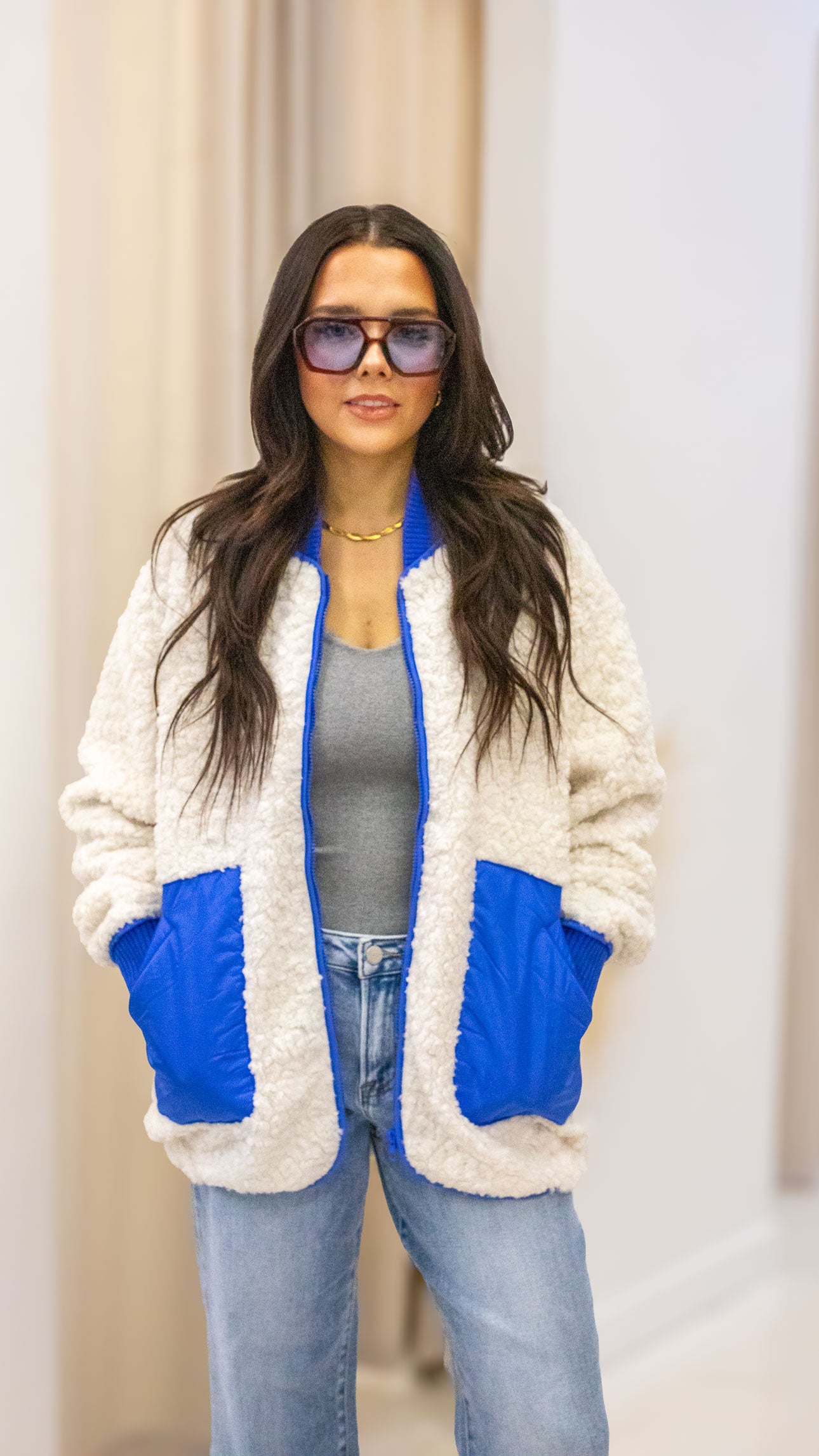 TEXTURED CONTRAST POCKET FLEECE JACKET
