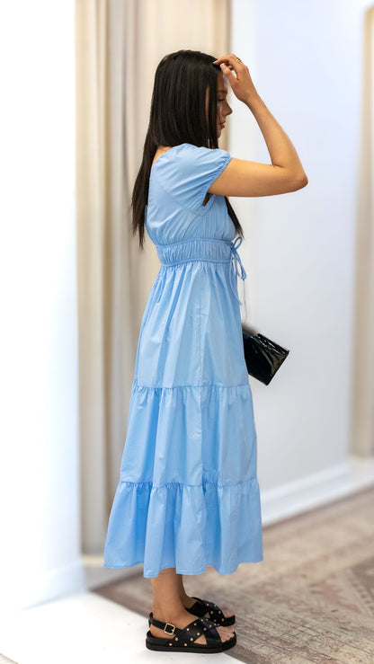 V NECK TIERED MIDI DRESS