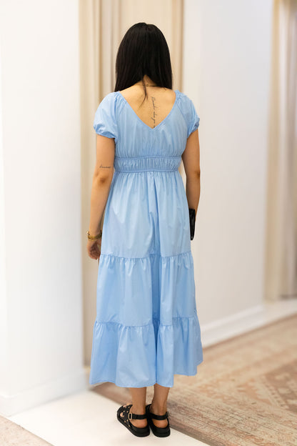 V NECK TIERED MIDI DRESS