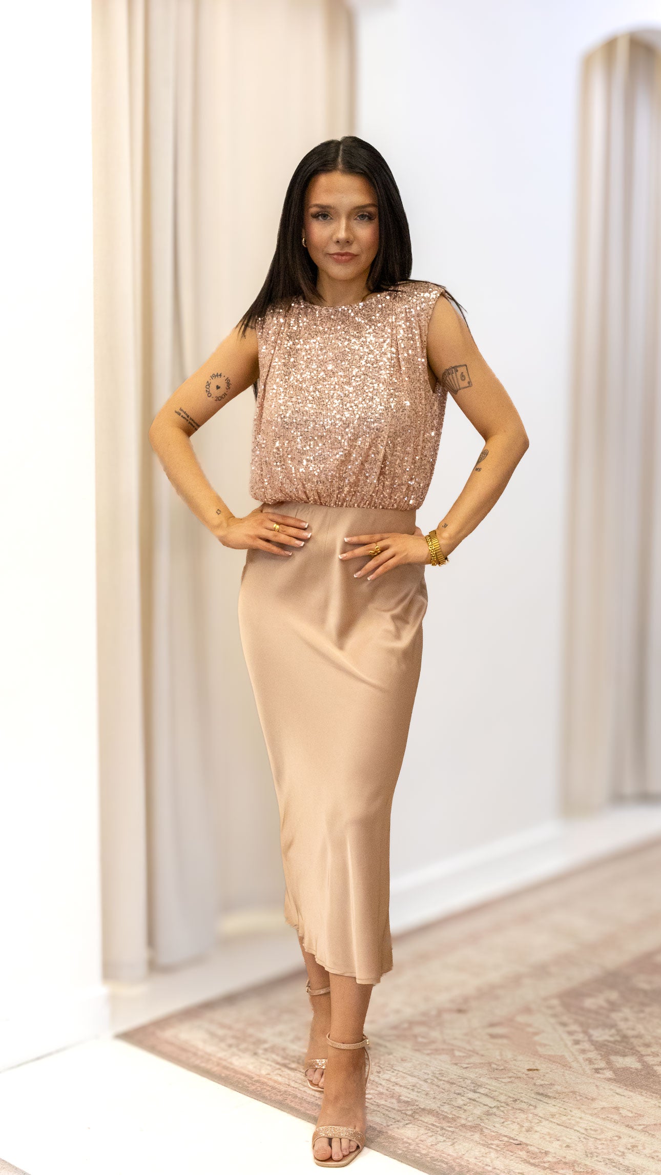 SEQUINS TOP SATIN MIDI DRESS