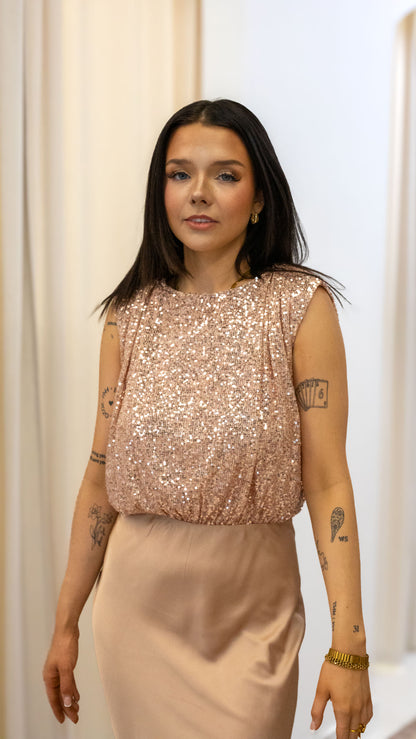 SEQUINS TOP SATIN MIDI DRESS