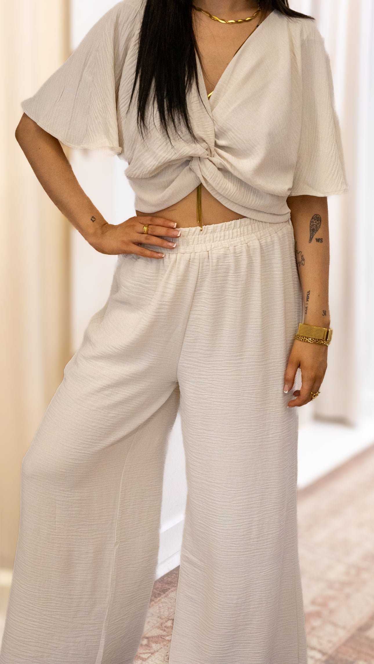 WOVEN AIRFLOW TWISTED TOP &amp; WIDE LEG PANTS SET