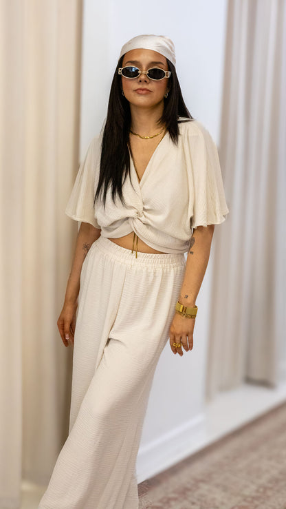 WOVEN AIRFLOW TWISTED TOP &amp; WIDE LEG PANTS SET