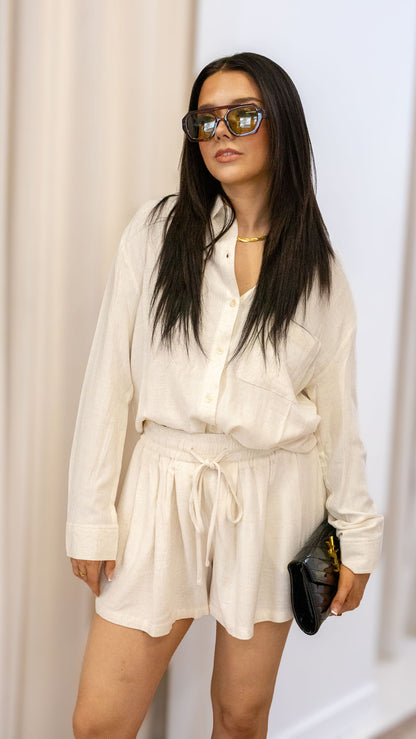LINEN BUTTON-DOWN SHIRT &amp; RUFFLE SHORTS SET