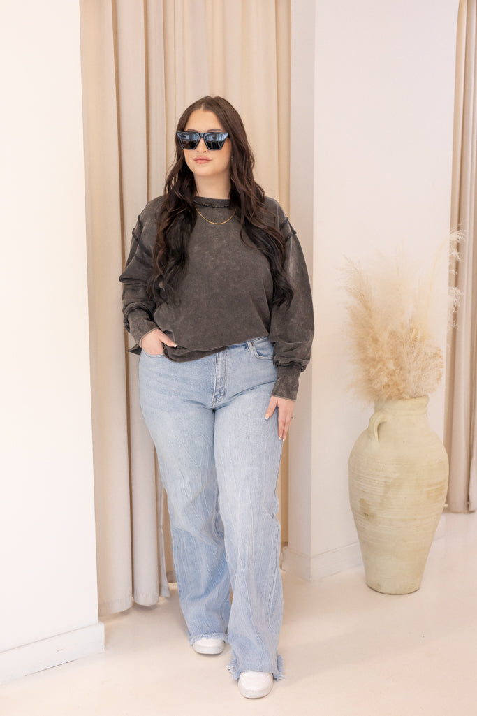 NEW OAKLEE ACID WASHED EXPOSED SEAM SWEATSHIRT (ASH BLACK)