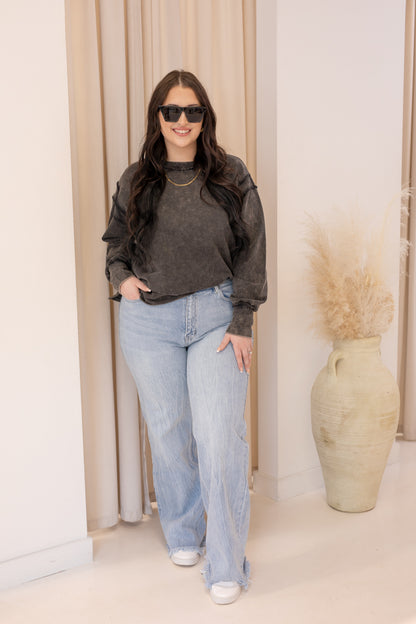 NEW OAKLEE ACID WASHED EXPOSED SEAM SWEATSHIRT (ASH BLACK)