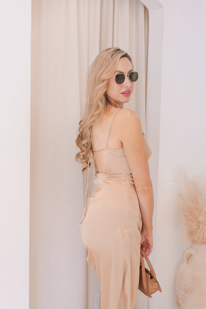 NEW SERENA SATIN SLEEVELESS V-NECK MIDI (CAMEL)