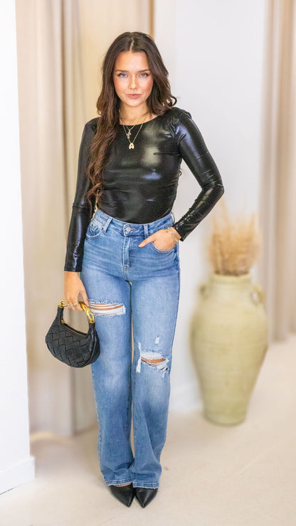 LIQUID LONG SLEEVE BODYSUIT (BLACK)