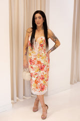 NEW JASMIN FLORAL AND LACE SATIN MIDI DRESS
