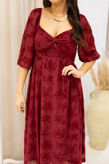 NEW BRANDI VELVET MIDI DRESS (BURGUNDY)