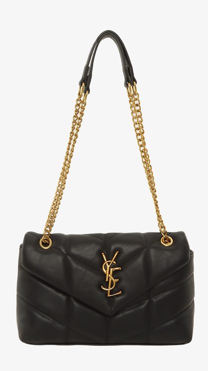 YSL METAL LETTER ENGRAVED PU LEATHER HANDBAG (BLACK &amp; CREAM)