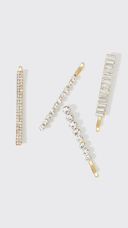 METAL RHINESTONE ASSORTED BOBBY PINS 4PC SET - GOLD | KITSCH