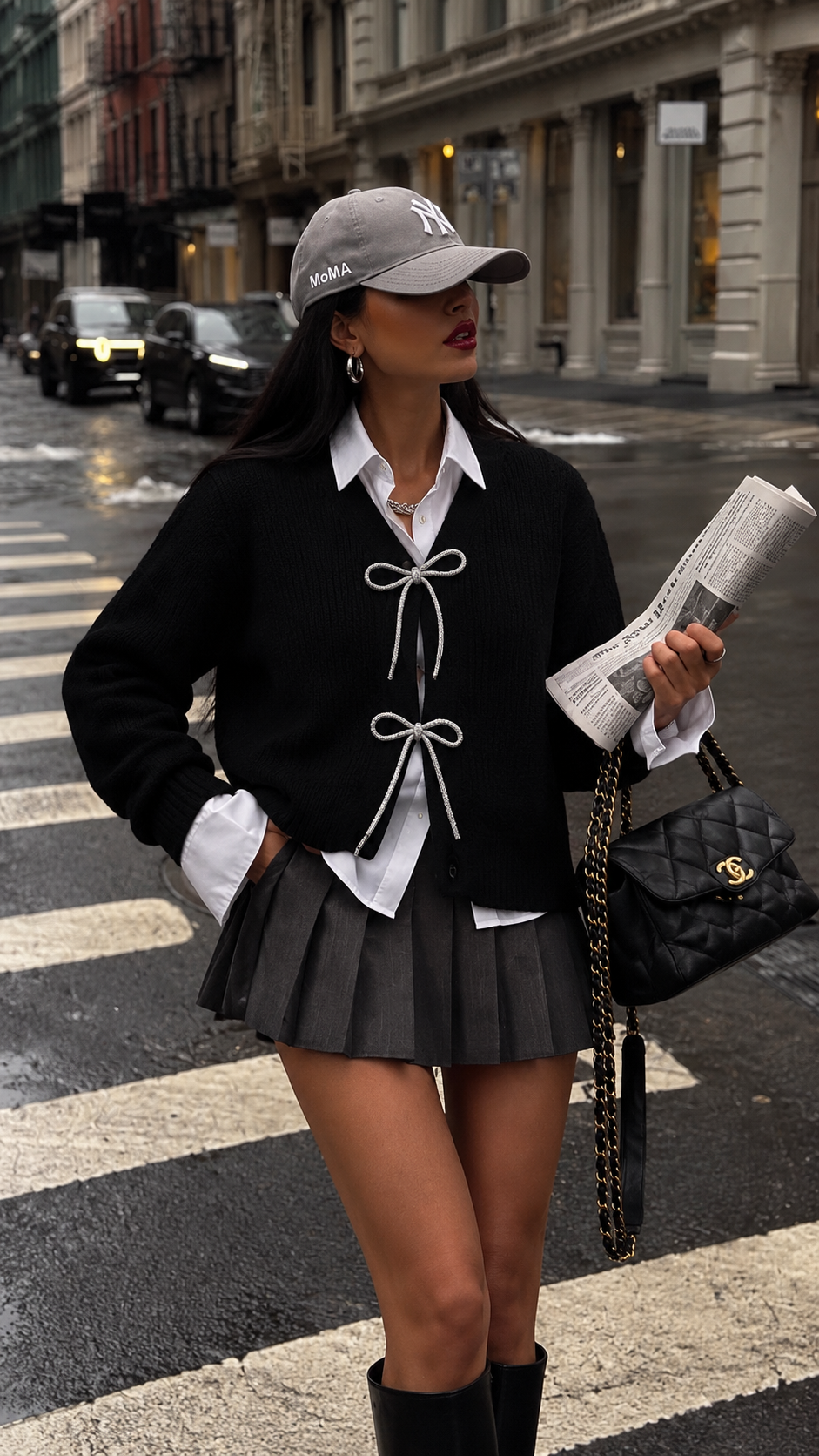 HOLIDAY BOW CARDIGAN (BLACK/SILVER)