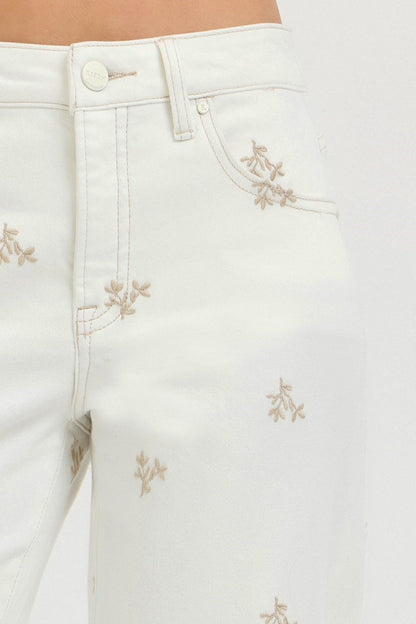 KLOE HIGH RISE LEAF EMBO DETAILED BARREL PANTS