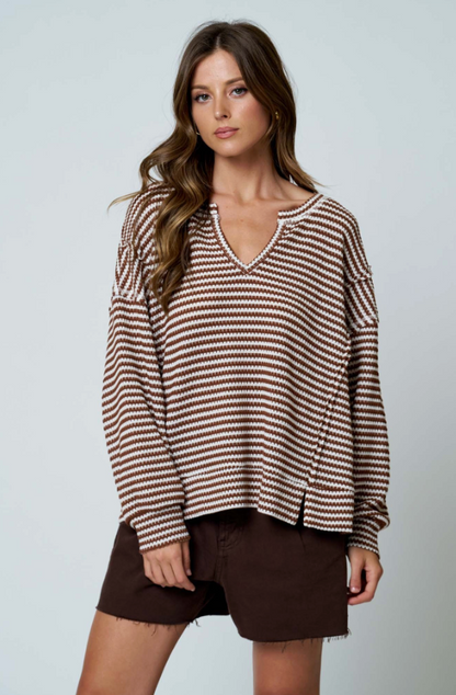 BARLOW STRIPED KNIT OVERSIZED SWEATER (BROWN)