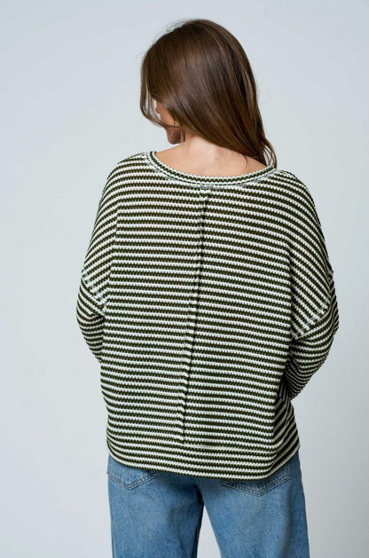 BARLOW STRIPED KNIT OVERSIZED SWEATER (OLIVE GREEN)
