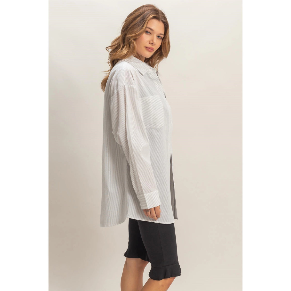 PINSTRIPE ESSENTIAL BUTTON UP SHIRT (WHITE)