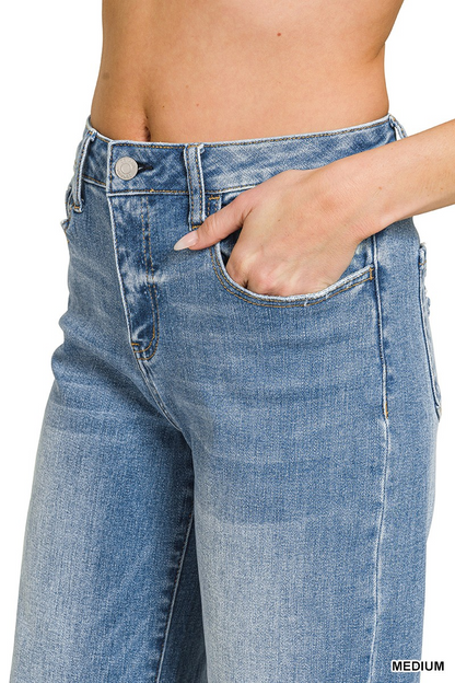 HIGH RISE CUFFED WIDE LEG DENIM PANTS