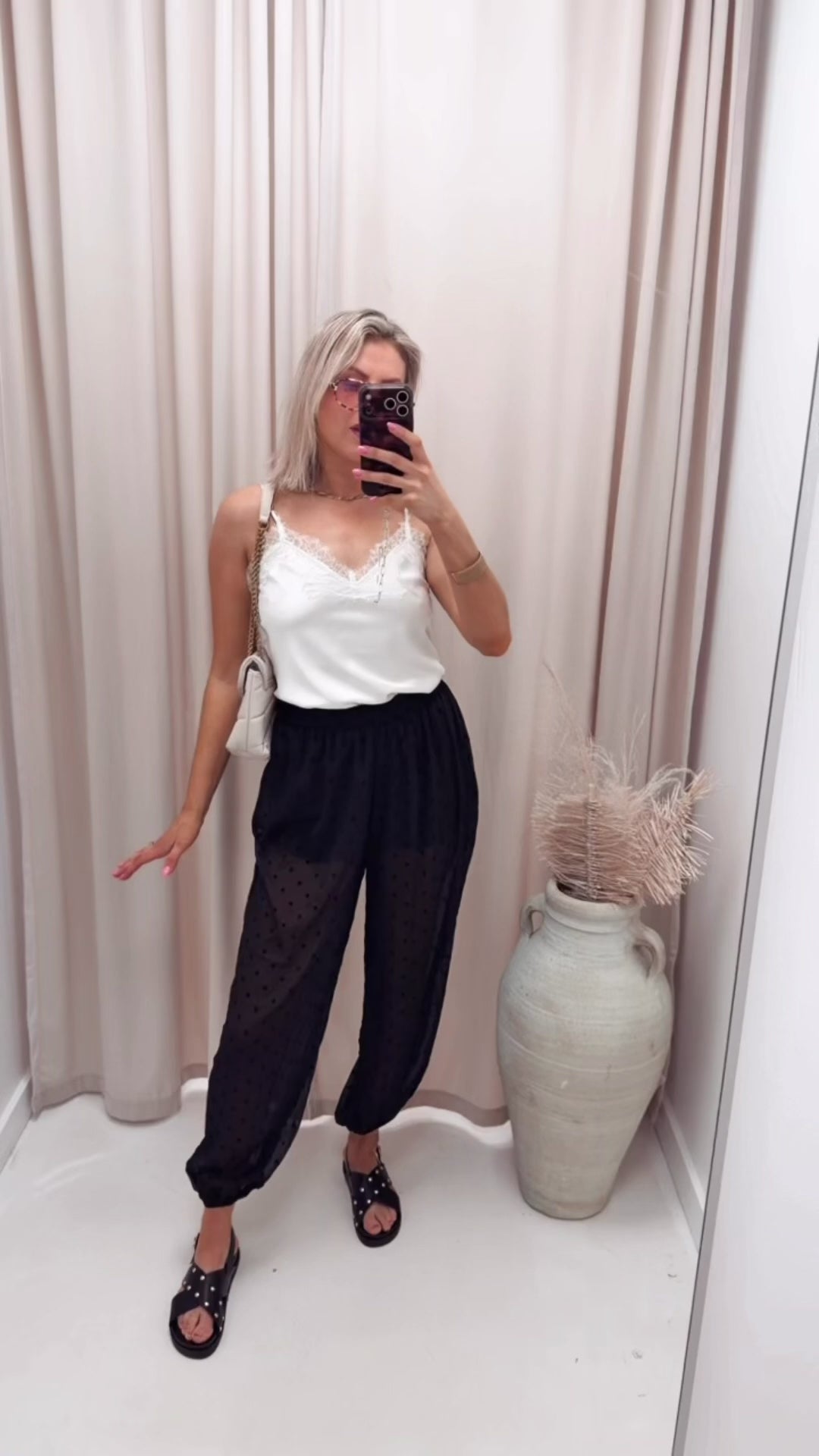 FLOCKED POLKA DOT HAREM PANTS