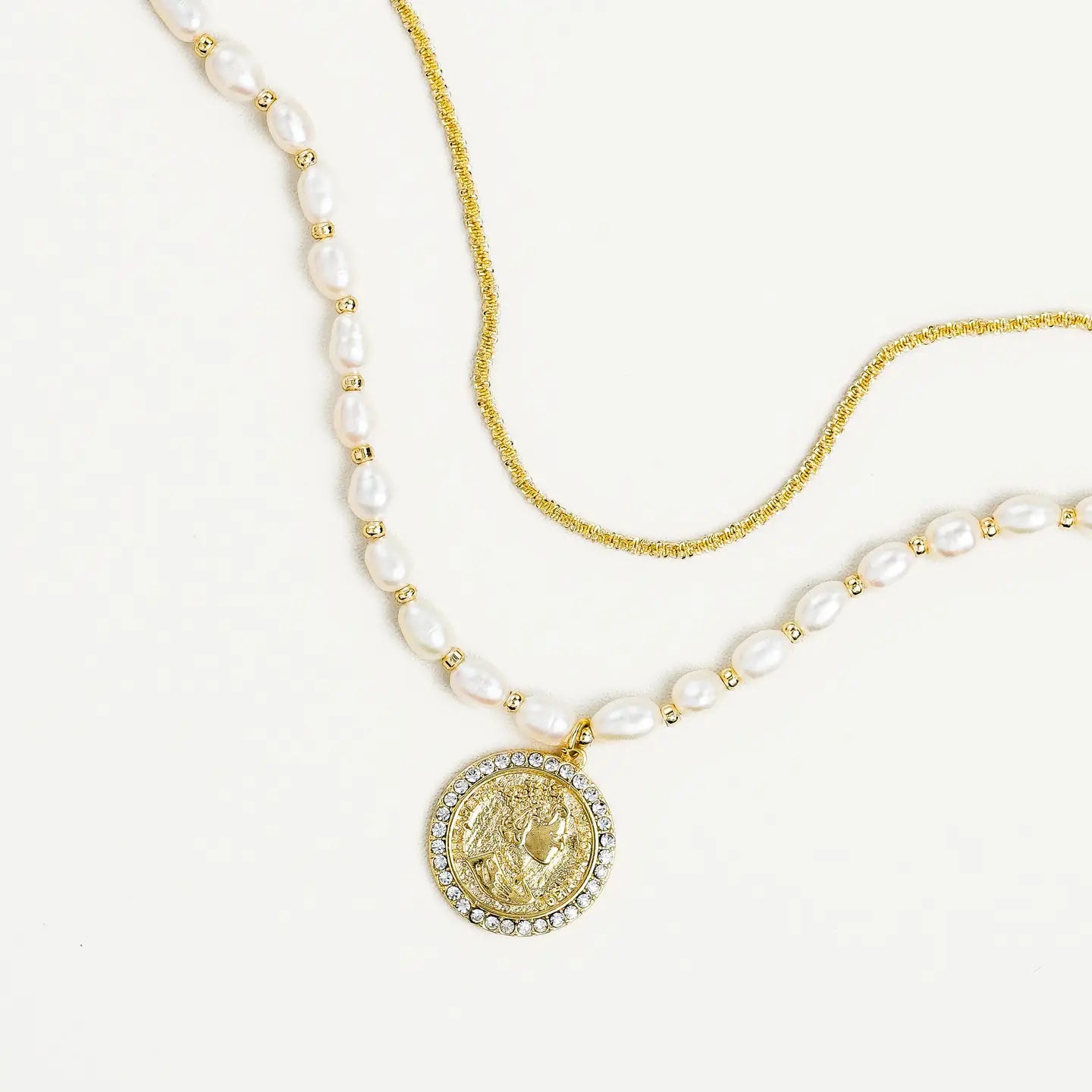 NEW 18K GOLD STACK PEARL &amp; COIN NECKLACE